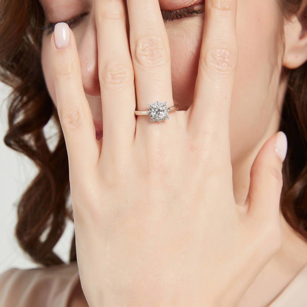 Model wearing Sunburst Halo CZ Ring in Sterling Silver, 2 of 8