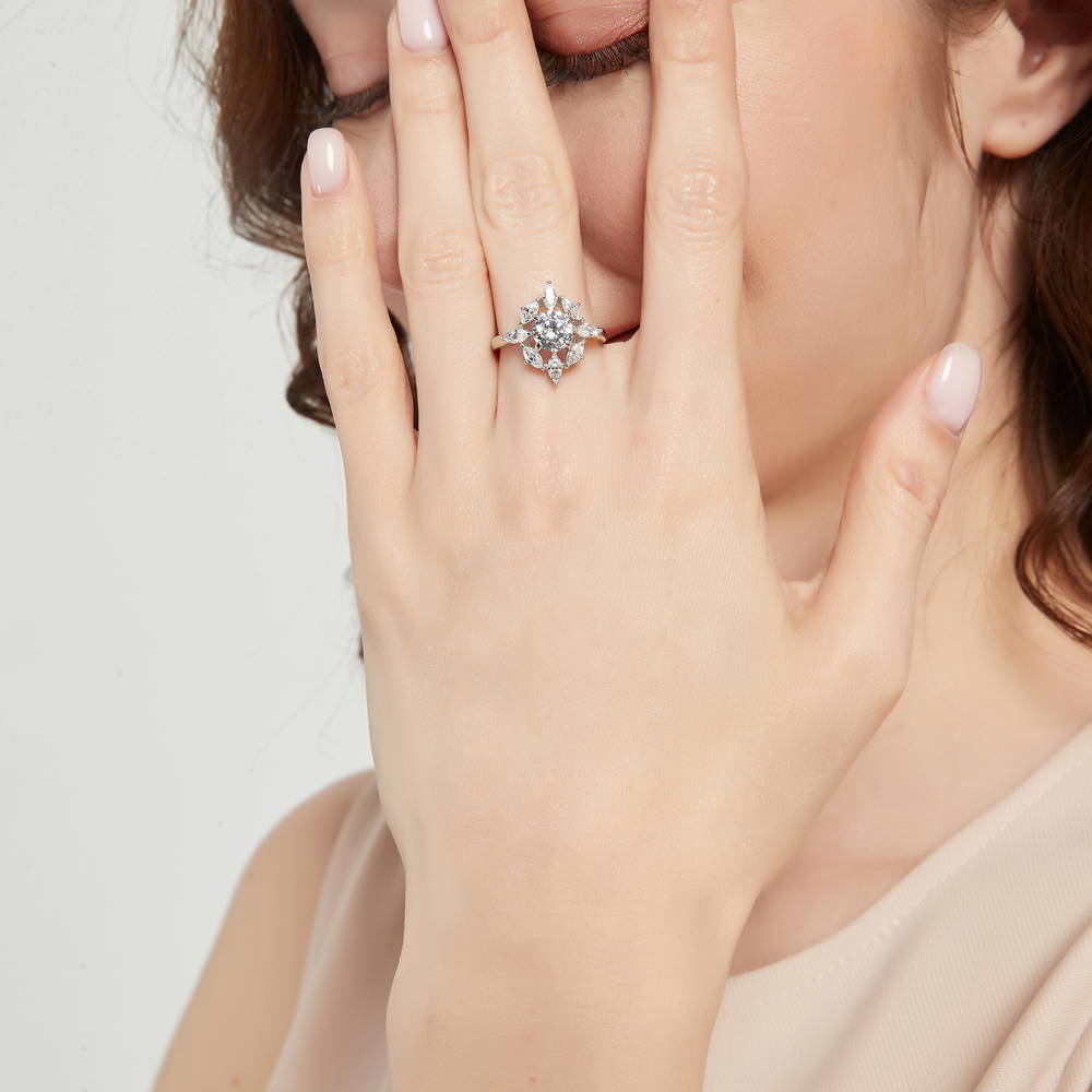 Model wearing Solitaire Art Deco 1.25ct Round CZ Statement Ring in Sterling Silver