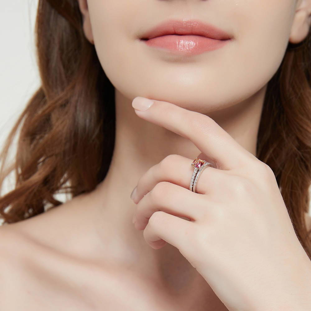 Model wearing Solitaire Kaleidoscope Red Orange CZ Ring in Sterling Silver, 8 of 11