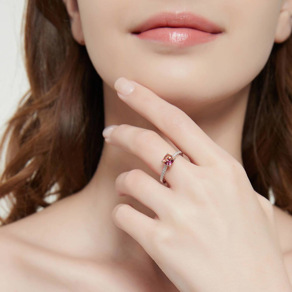 Model wearing Solitaire Kaleidoscope Red Orange CZ Ring in Sterling Silver, 2 of 8