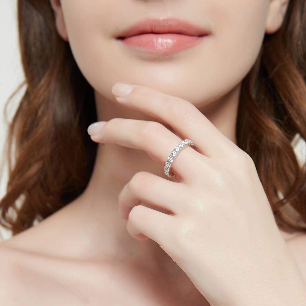 Model wearing CZ Eternity Ring in Sterling Silver, 2 of 10