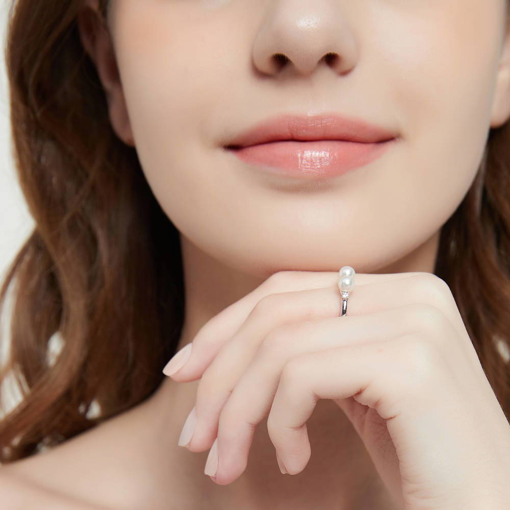 Model wearing Ball Bead Imitation Pearl Ring in Sterling Silver, 6 of 8