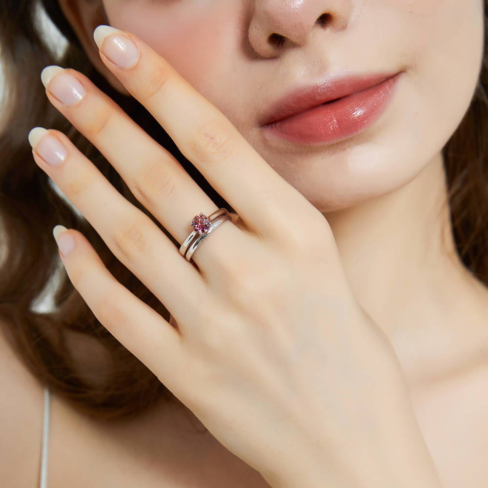 Model wearing Kaleidoscope Solitaire Red Orange CZ Ring Set in Sterling Silver, 2 of 12