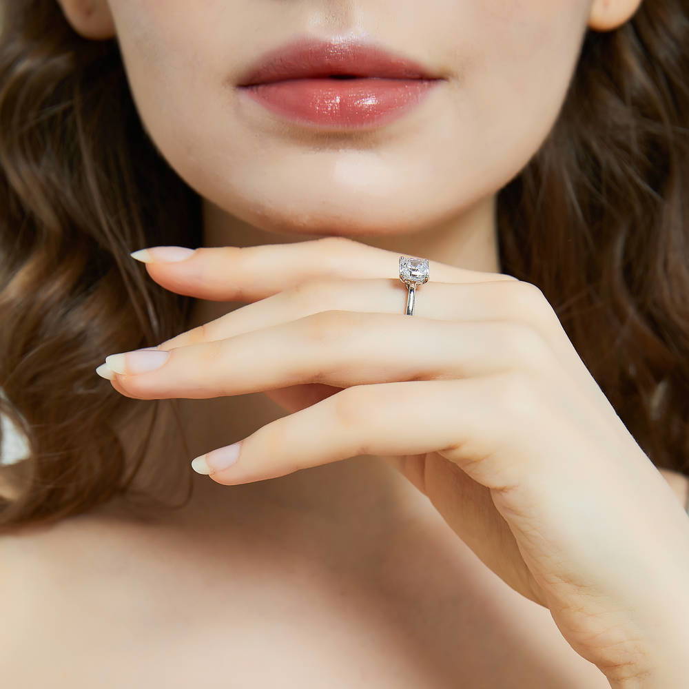 Model wearing Solitaire 2ct Cushion CZ Ring in Sterling Silver, 6 of 8
