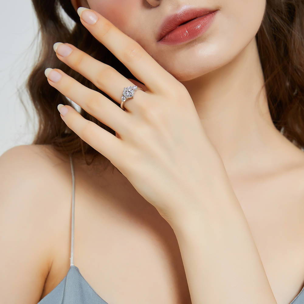 Model wearing 3-Stone 7-Stone Round CZ Ring Set in Sterling Silver, 11 of 18