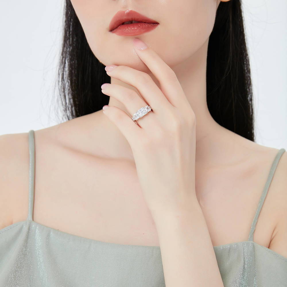 Model wearing 3-Stone Princess CZ Ring Set in Sterling Silver, 8 of 13
