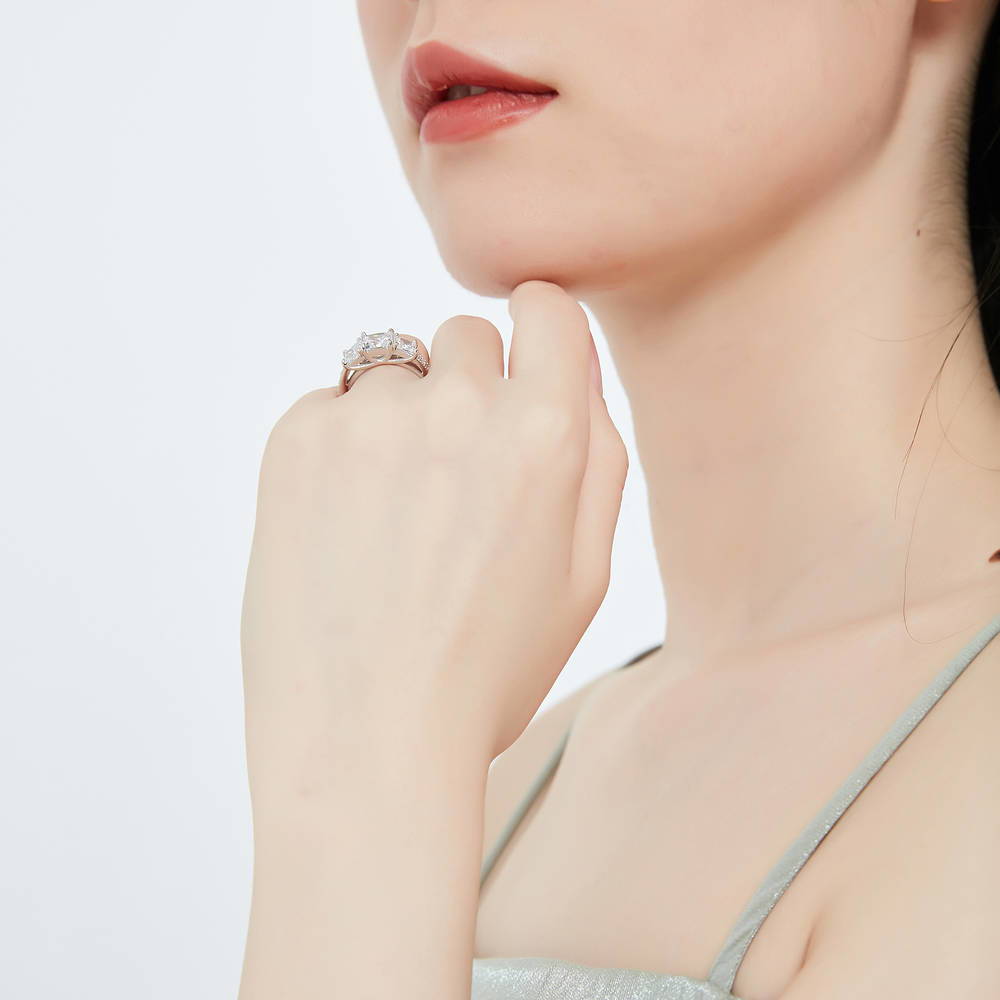 Model wearing 3-Stone 1.6ct Princess CZ Ring in Sterling Silver, 10 of 14