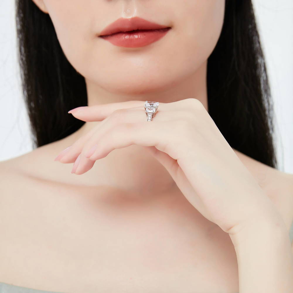Model wearing 3-Stone Cushion CZ Ring Set in Sterling Silver, 7 of 11