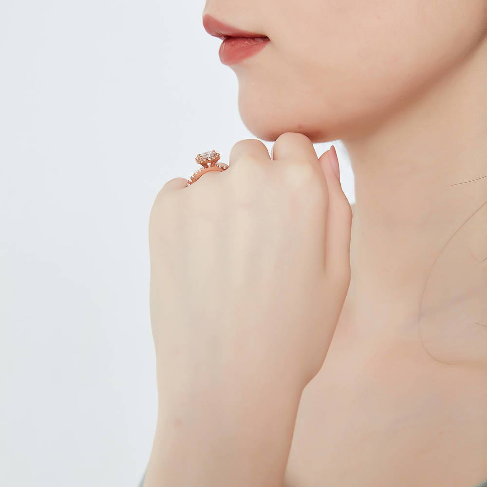 Model wearing Halo CZ Ring in Rose Gold Plated Sterling Silver, 3 of 8