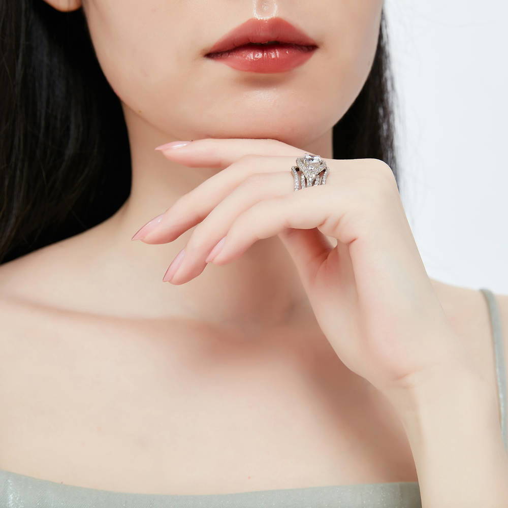 Model wearing 3-Stone Round CZ Ring Set in Sterling Silver, 9 of 16