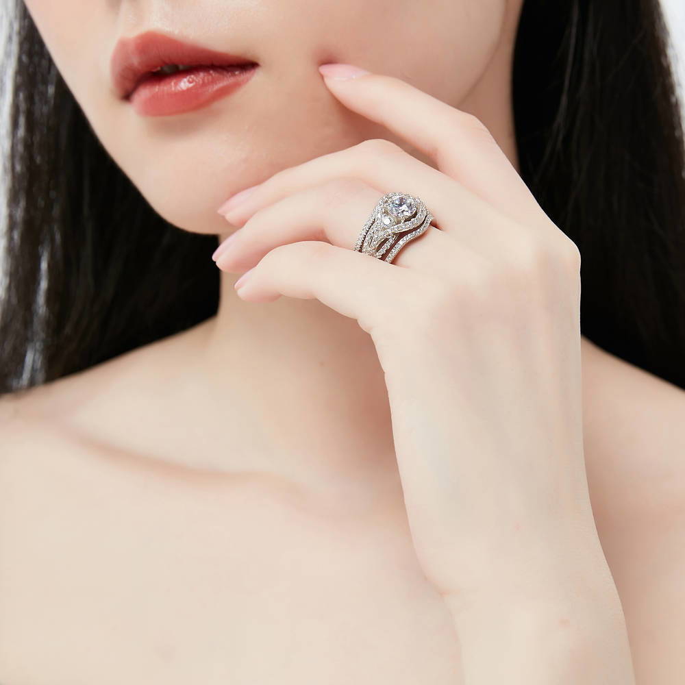 Model wearing 3-Stone Round CZ Ring Set in Sterling Silver, 8 of 16