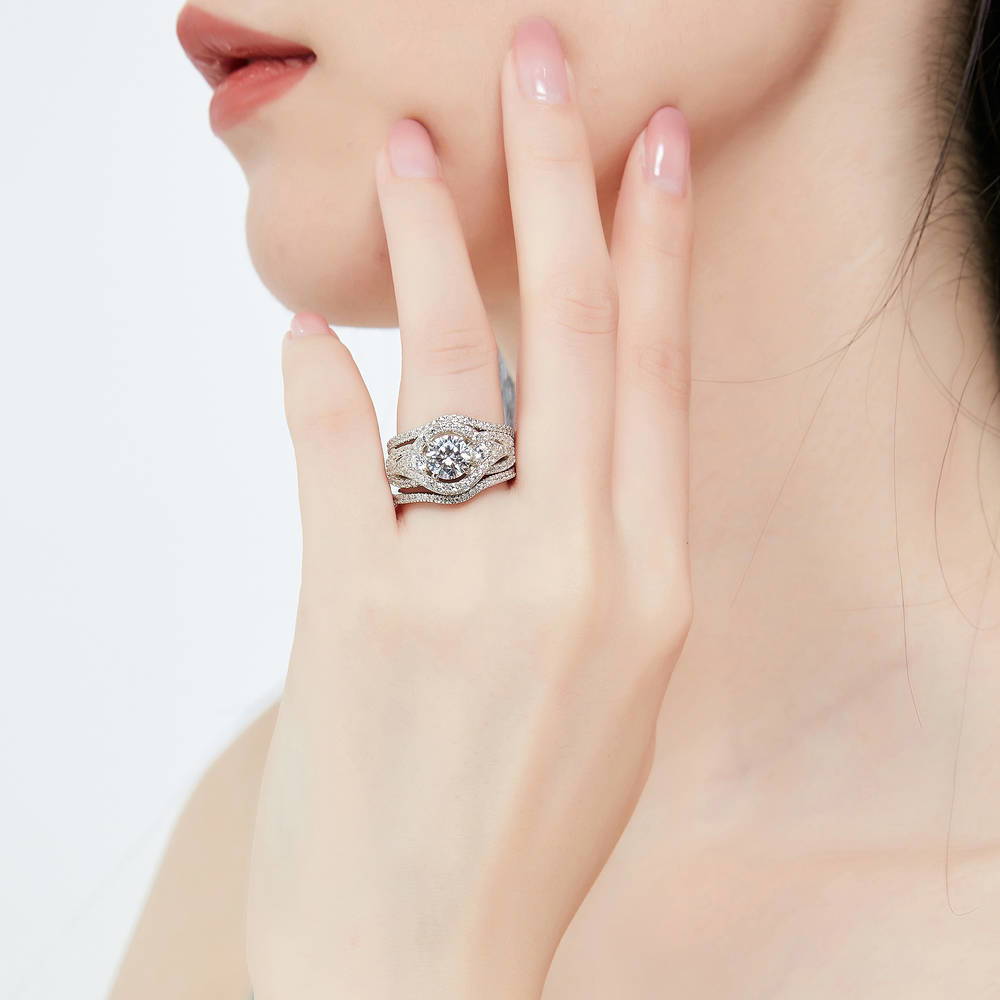 Model wearing 3-Stone Wishbone 1.25ct CZ Ring Set in Sterling Silver, 2 of 18