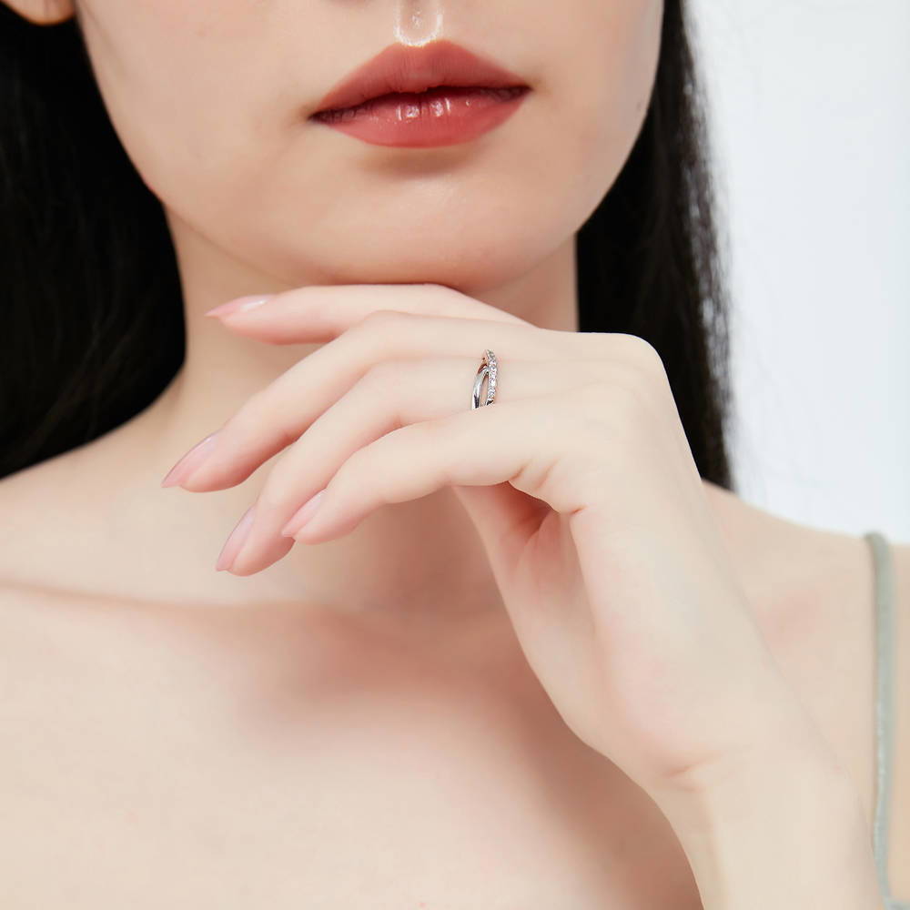 Model wearing 3-Stone Simulated Ruby Cushion CZ Ring Set in Sterling Silver, 10 of 11