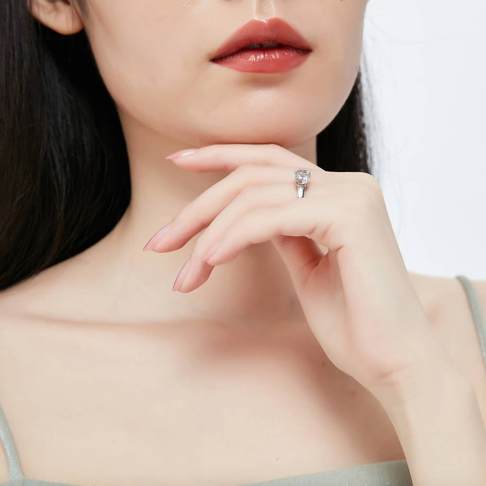 Model wearing 3-Stone Round CZ Ring in Sterling Silver, 9 of 12