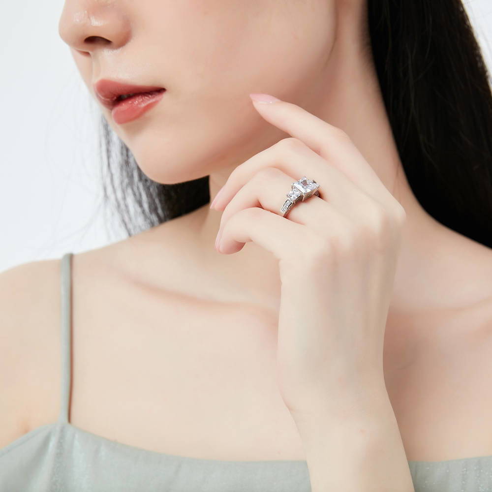 Model wearing 3-Stone Princess CZ Ring Set in Sterling Silver, 12 of 15
