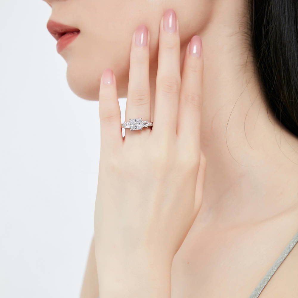 Model wearing 3-Stone 2ct Princess CZ Ring Set in Sterling Silver, 11 of 17