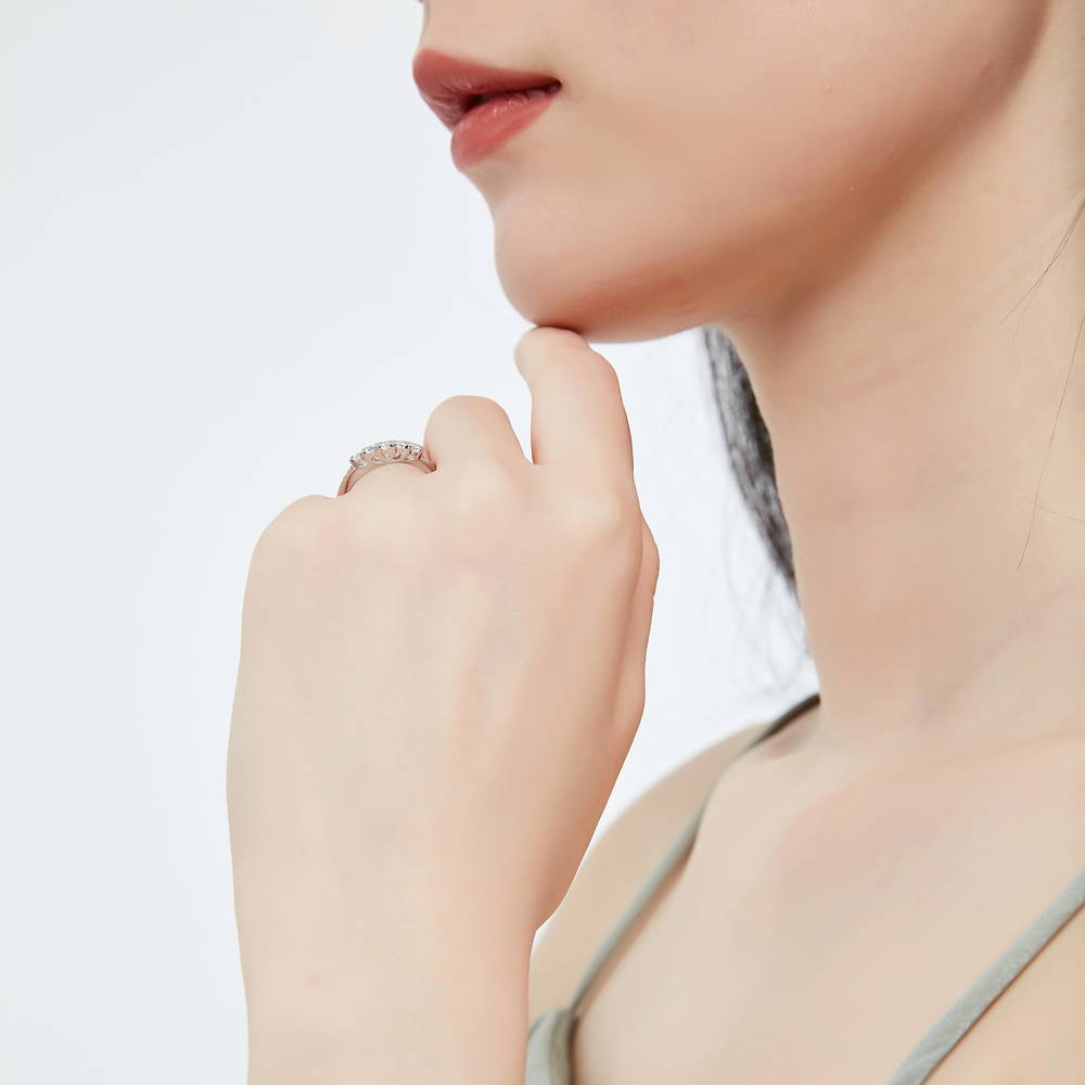 Model wearing 3-Stone Round CZ Ring Set in Sterling Silver, 16 of 18
