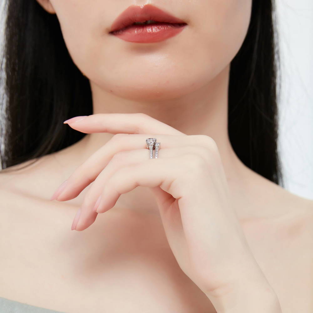 Model wearing 3-Stone Round CZ Ring Set in Sterling Silver, 8 of 18