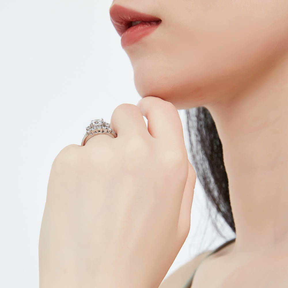 Model wearing 3-Stone Round CZ Ring Set in Sterling Silver, 7 of 18