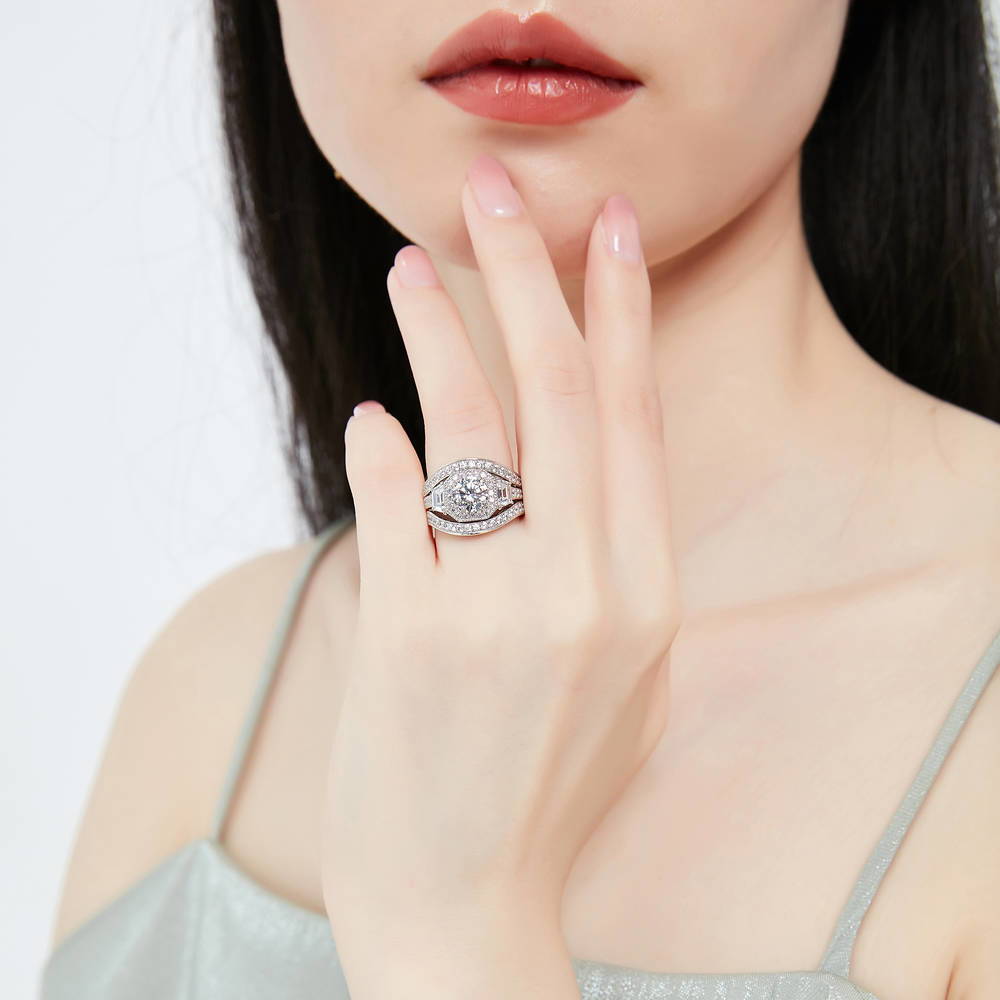 Model wearing Halo Art Deco Round CZ Ring Set in Sterling Silver, 2 of 14