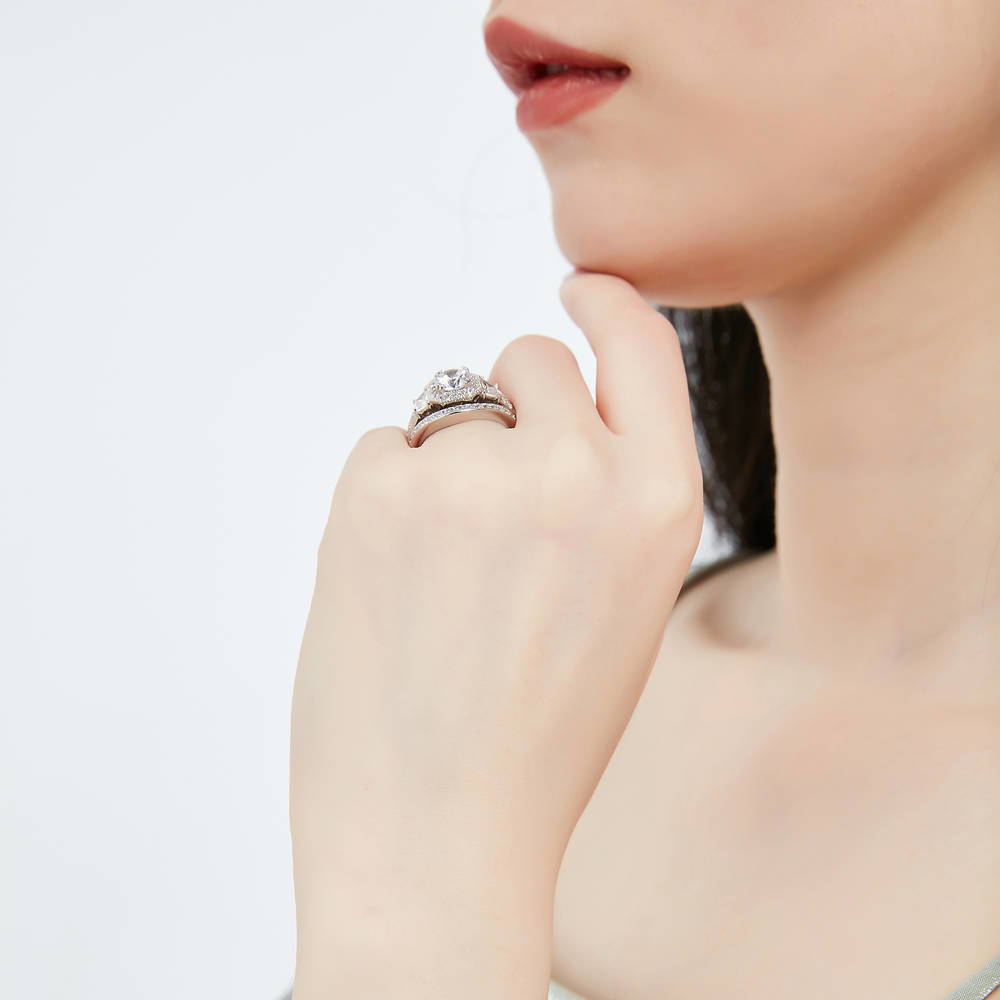 Model wearing Halo Art Deco Round CZ Ring Set in Sterling Silver, 7 of 14