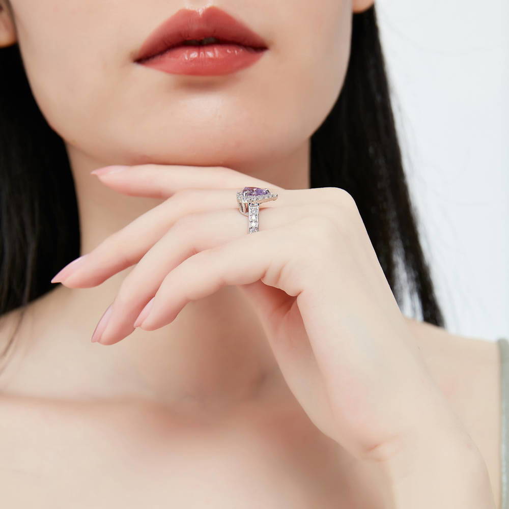 Model wearing Halo Heart Purple Heart CZ Ring Set in Sterling Silver, 15 of 19