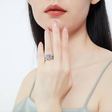 Halo Purple Heart CZ Statement Ring Set in Sterling Silver