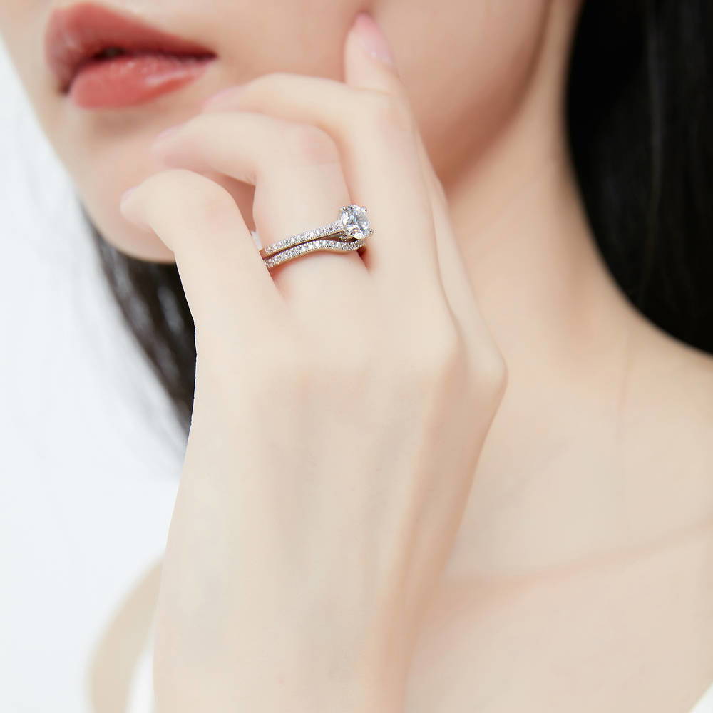 Model wearing Solitaire Wishbone 1ct CZ Ring Set in Sterling Silver, 11 of 17
