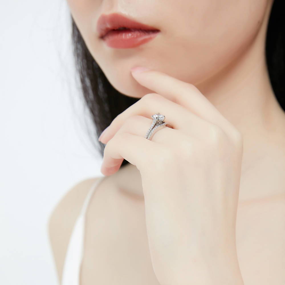 Model wearing Solitaire 1ct Round CZ Ring Set in Sterling Silver, 8 of 17