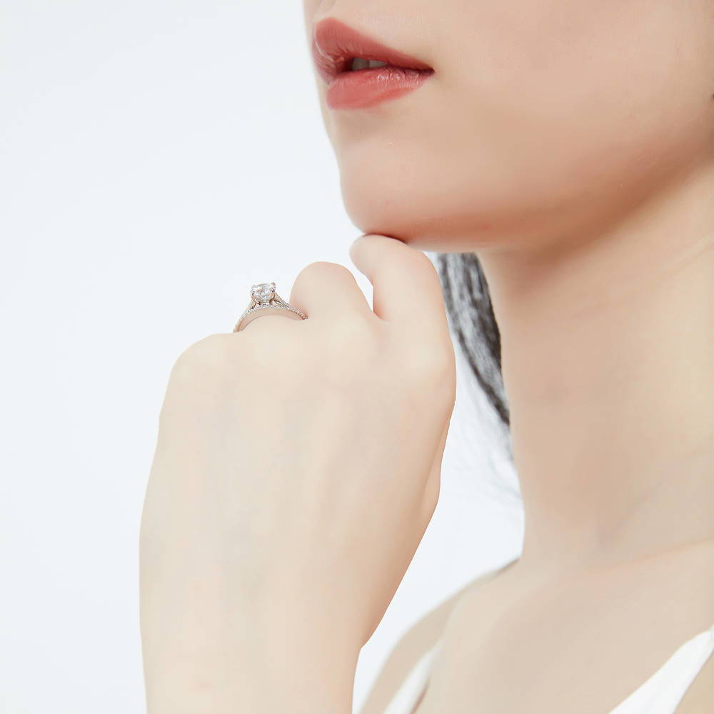 Model wearing Solitaire 1ct Round CZ Ring Set in Sterling Silver, 7 of 17