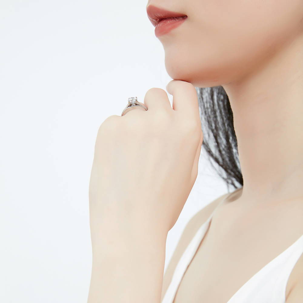 Model wearing Solitaire Wishbone 1ct CZ Ring Set in Sterling Silver, 9 of 17