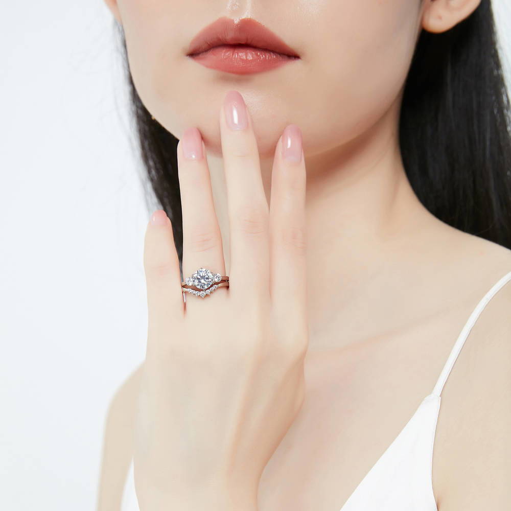 Model wearing 3-Stone 7-Stone Round CZ Ring Set in Sterling Silver, 2 of 18