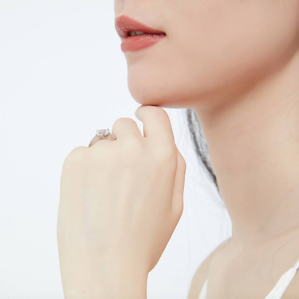 Model wearing Solitaire Heart 1.7ct Heart CZ Ring in Sterling Silver, 6 of 19