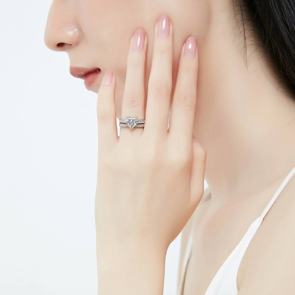 Model wearing Solitaire Heart 1.7ct Heart CZ Ring in Sterling Silver, 9 of 19