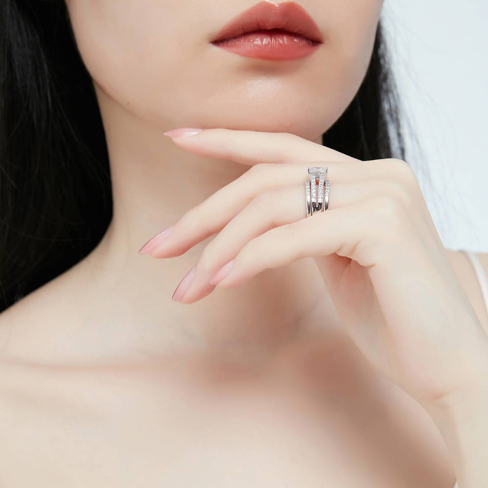 Model wearing Solitaire 2ct Princess CZ Split Shank Ring Set in Sterling Silver, 9 of 16