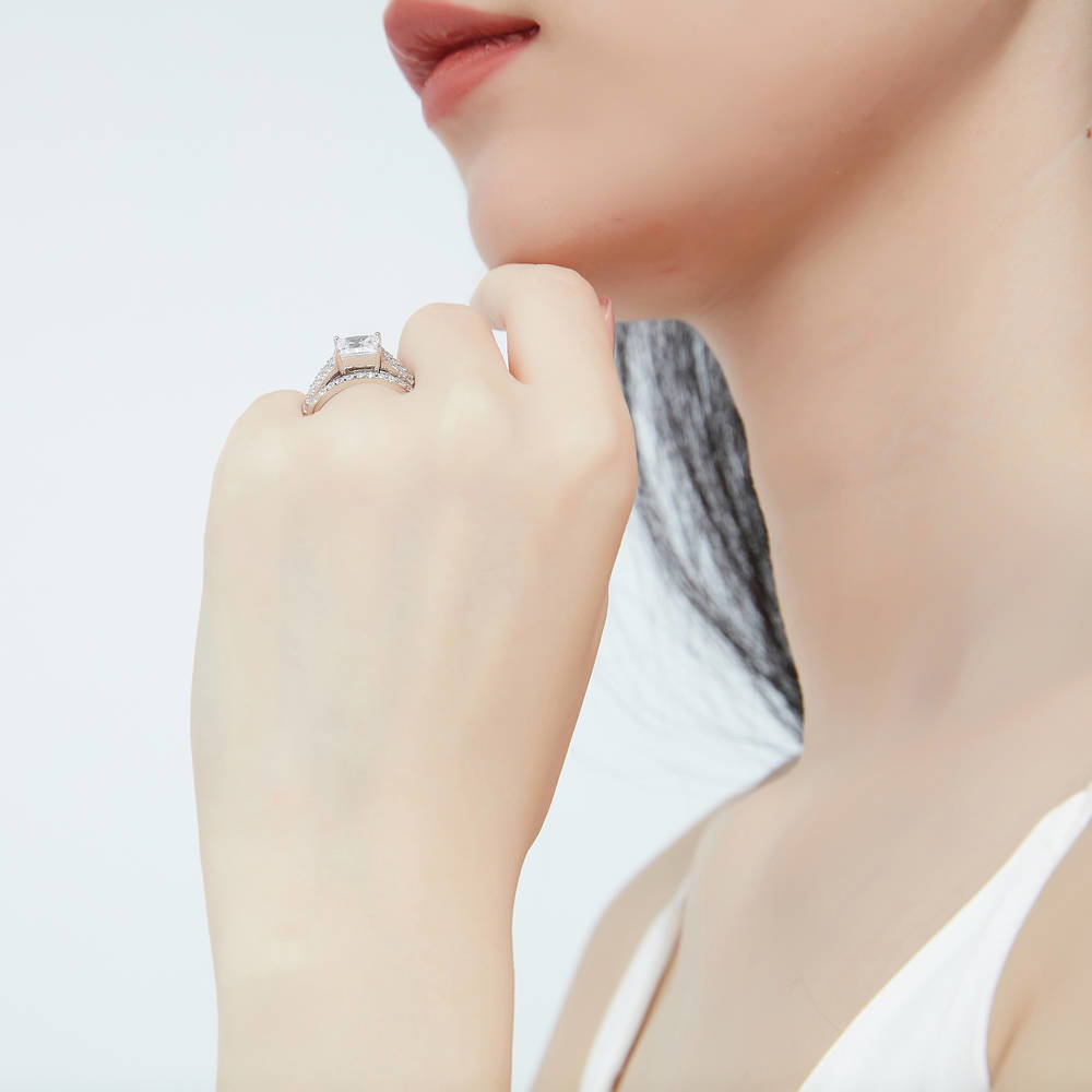 Model wearing Solitaire 2ct Princess CZ Split Shank Ring Set in Sterling Silver, 6 of 15