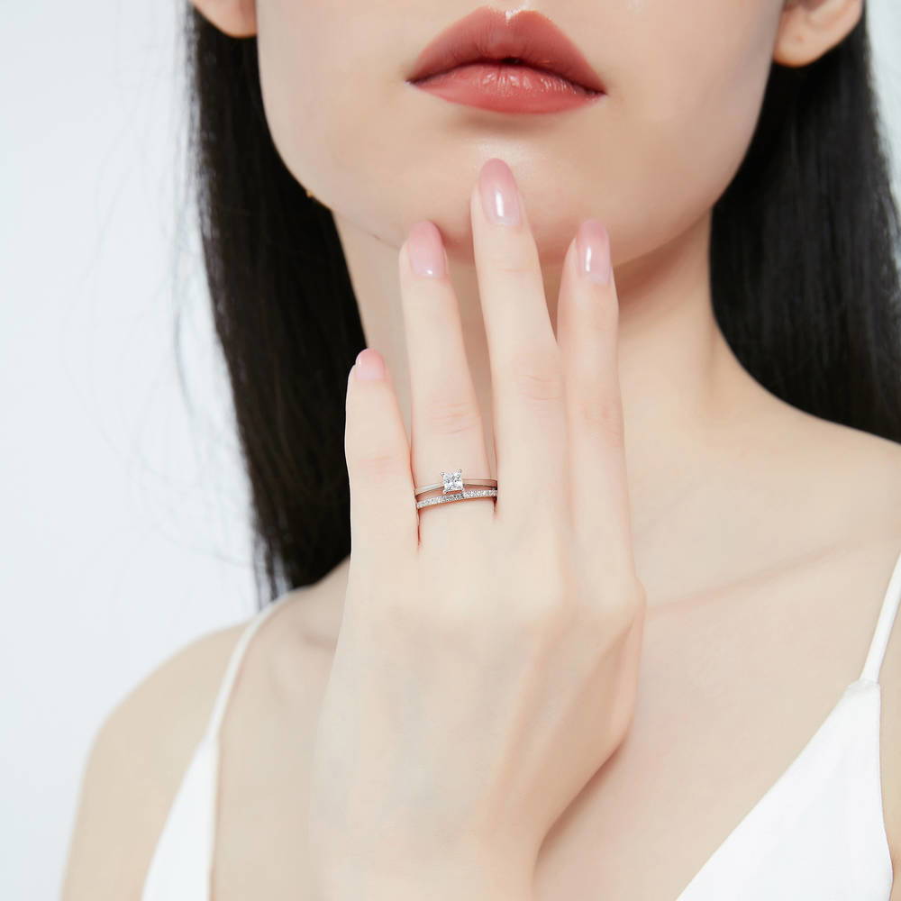 Model wearing Solitaire 0.4ct Princess CZ Ring Set in Sterling Silver, 2 of 15