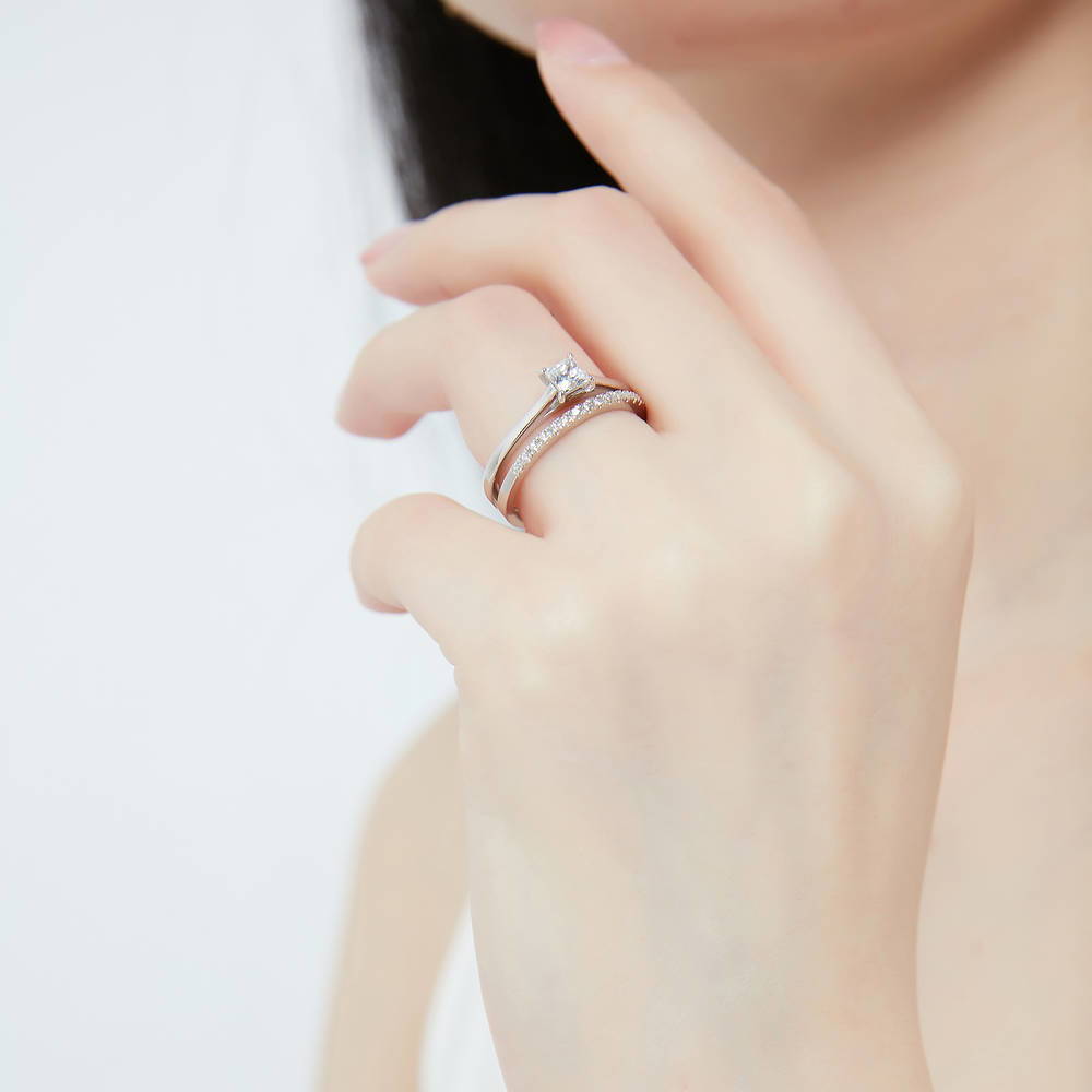 Model wearing Solitaire 0.4ct Princess CZ Ring in Sterling Silver, 10 of 15