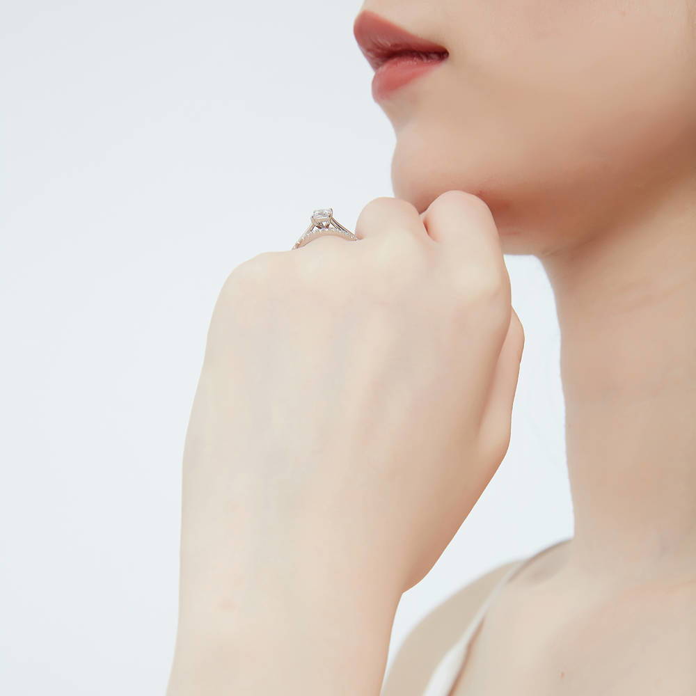 Model wearing Solitaire 0.4ct Princess CZ Ring Set in Sterling Silver, 3 of 15