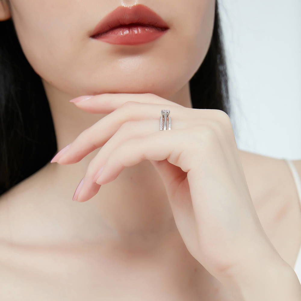Model wearing Solitaire 0.4ct Princess CZ Ring in Sterling Silver, 14 of 15