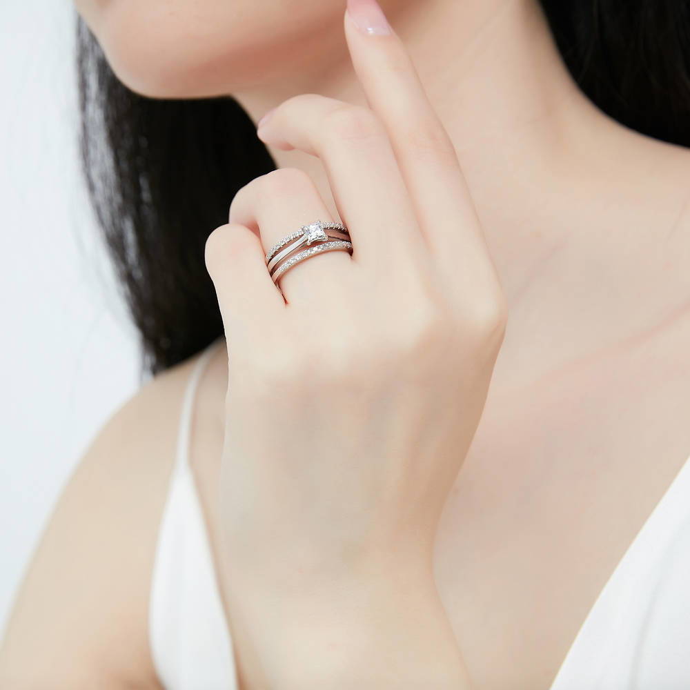 Model wearing Solitaire 0.4ct Princess CZ Ring in Sterling Silver, 13 of 15