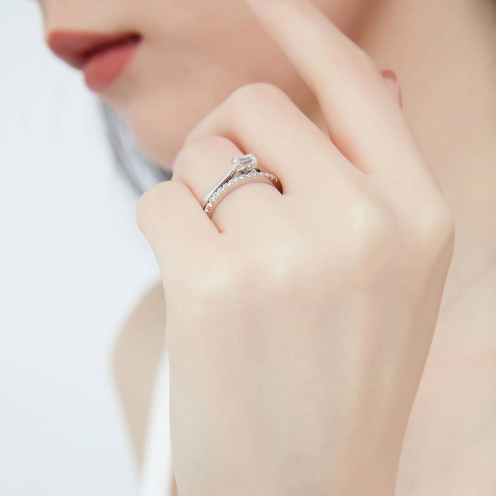 Model wearing East-West Solitaire CZ Ring Set in Sterling Silver, 6 of 14