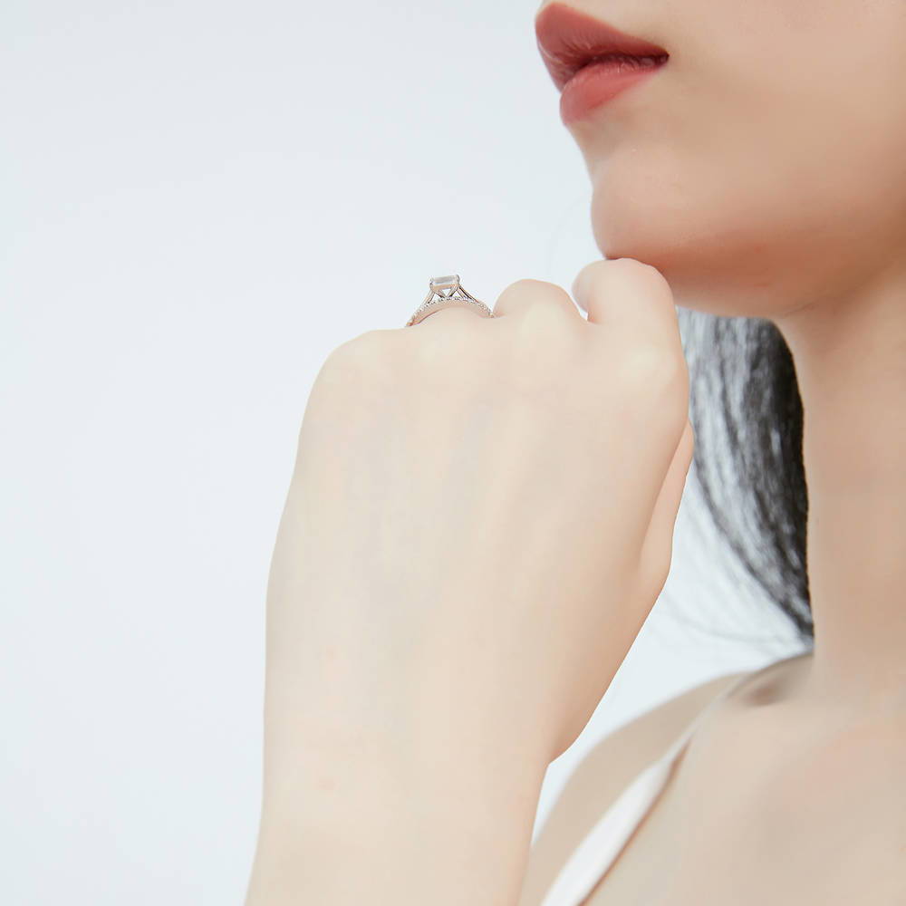 Model wearing East-West Solitaire CZ Ring Set in Sterling Silver, 3 of 14