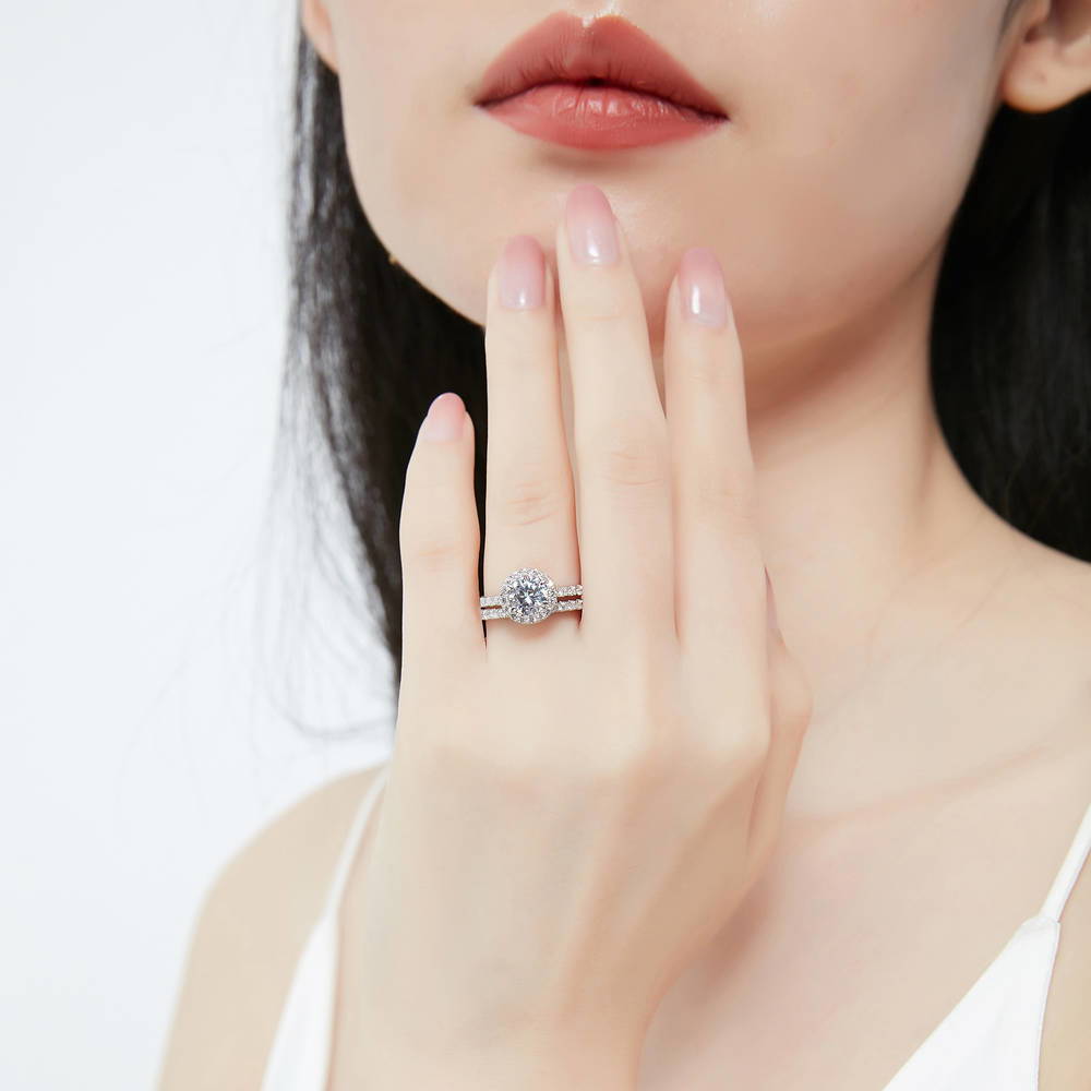 Model wearing Halo Round CZ Ring Set in Sterling Silver, 2 of 13