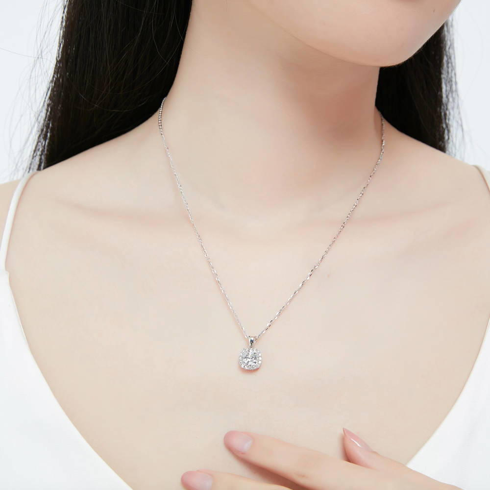 Model wearing Halo Cushion CZ Pendant Necklace in Sterling Silver, 5 of 8
