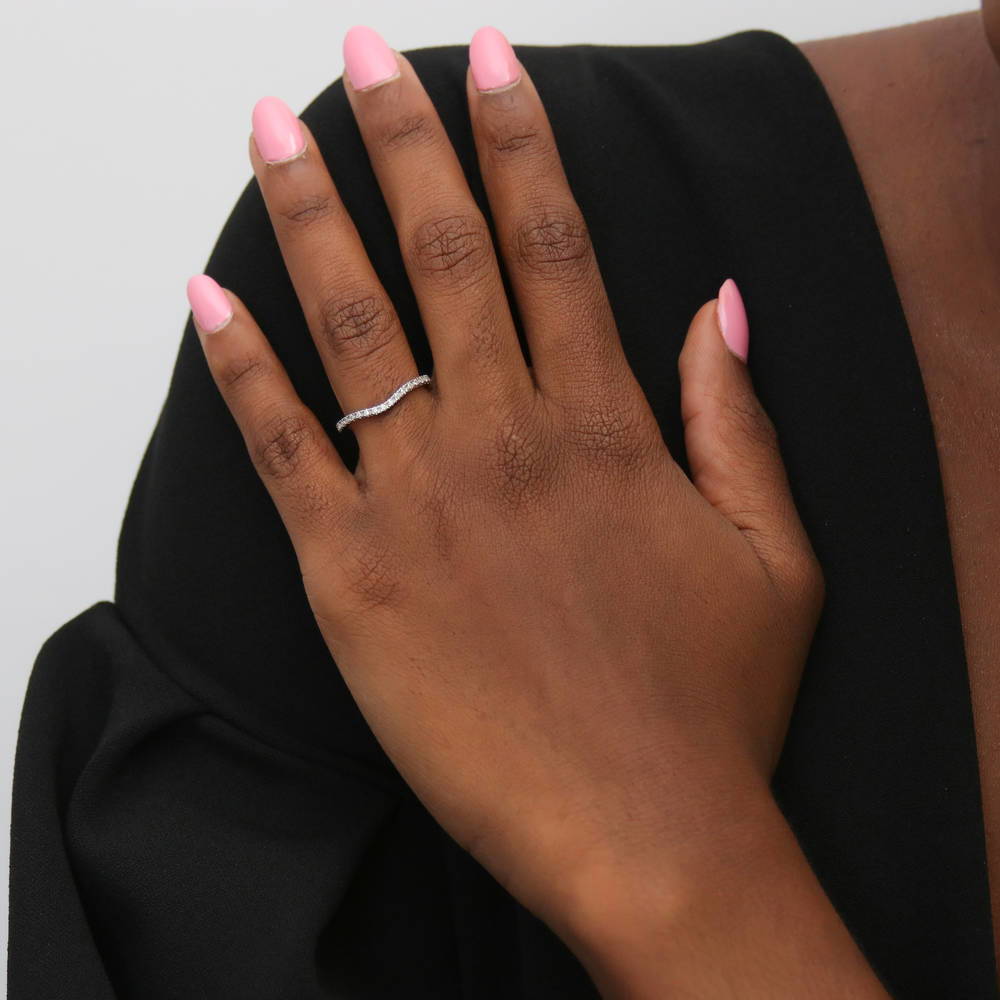 Model wearing Wishbone CZ Eternity Ring in Sterling Silver, 2 of 9