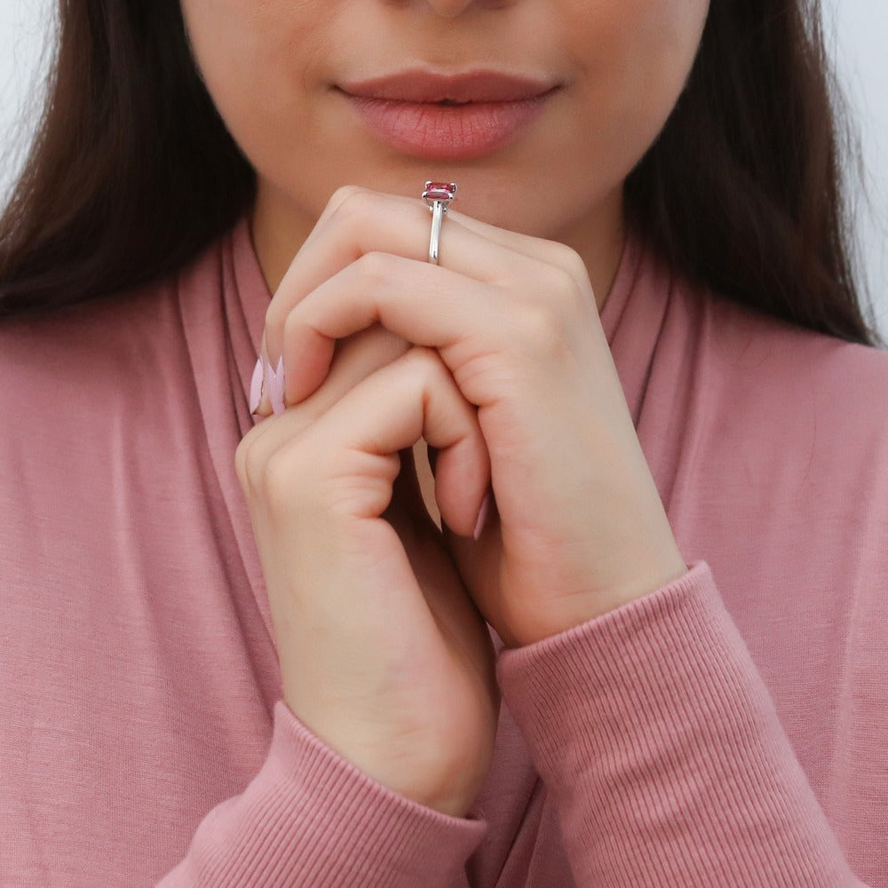 Model wearing Solitaire 1.2ct Red Princess CZ Ring in Sterling Silver, 12 of 13