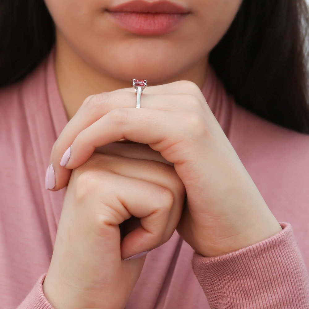 Model wearing Solitaire 1.2ct Red Princess CZ Ring in Sterling Silver, 9 of 13