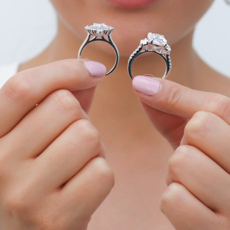 Model Wearing 3-Stone Ring, Halo Ring