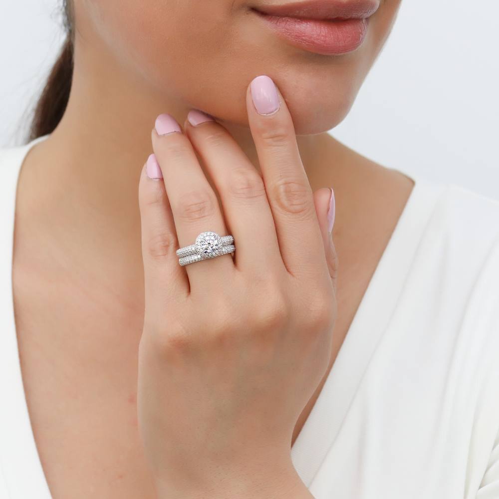 Model wearing Pave CZ Eternity Ring in Sterling Silver, 6 of 19